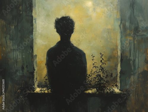 A solitary figure silhouetted against a window, gazing out at a hazy, sunlit landscape.