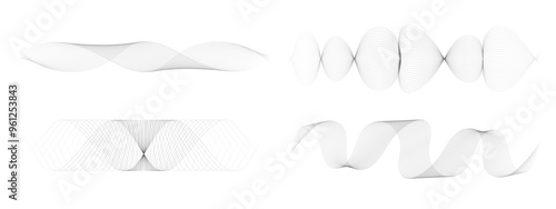 Abstract black and grey vibration wave set. Collection of sound audio wavy line, dotted halftone and waveform. Element on white background for business, science, music and technology.
