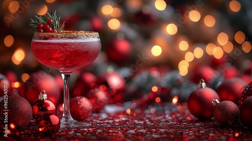 Christmas-themed cocktail with golden glitter lining the rim, traditional Christmas decorations and baubles create a cozy, celebratory atmosphere