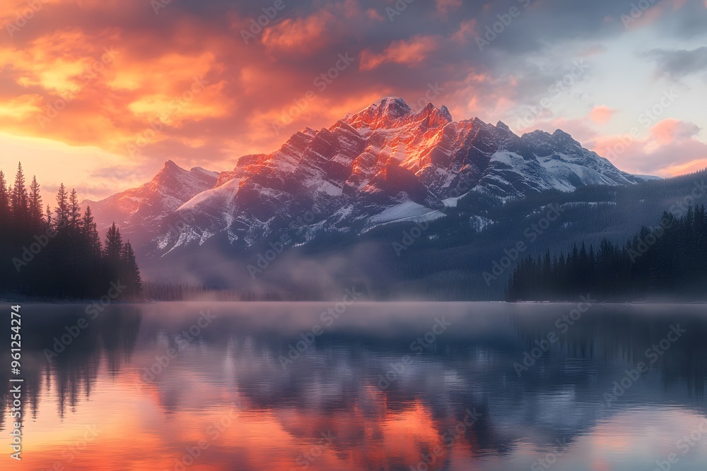 Mountain Reflection in a Calm Lake at Sunset Mountain Reflection in a Calm Lake at Sunset