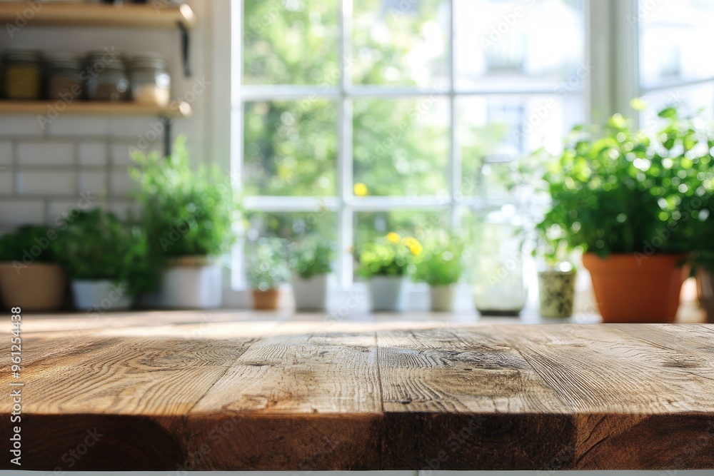Wooden table top with copy space on blurred kitchen room interior and summer window background , ai Wooden table top with copy space on blurred kitchen room interior and summer window background , ai