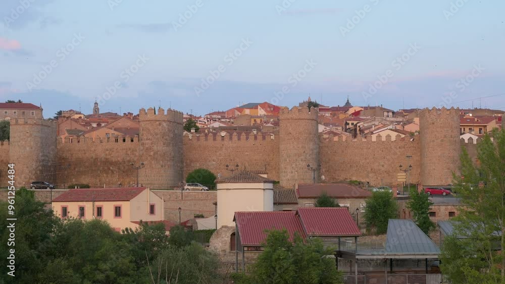 View of Avila during the golden hours of sunset, featuring the old town and its medieval walls, a UNESCO World Heritage Site. View of Avila during the golden hours of sunset, featuring the old town and its medieval walls, a UNESCO World Heritage Site.