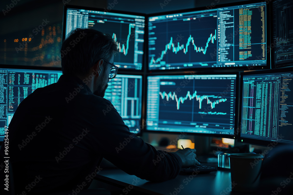 A man is sitting in front of four computer monitors A man is sitting in front of four computer monitors