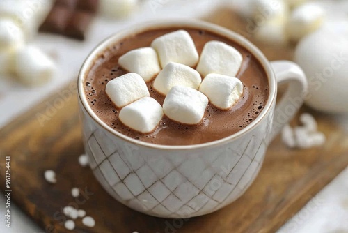 Enjoy a cozy cup of hot chocolate topped with marshmallows. This winter beverage offers comfort and warmth, perfect for indulgence on cold days.