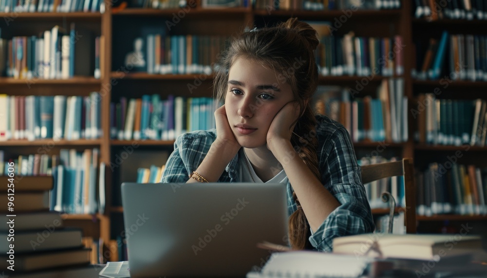 Young Student Studying in Library with Laptop, Books in Background, Thoughtful Expression Young Student Studying in Library with Laptop, Books in Background, Thoughtful Expression