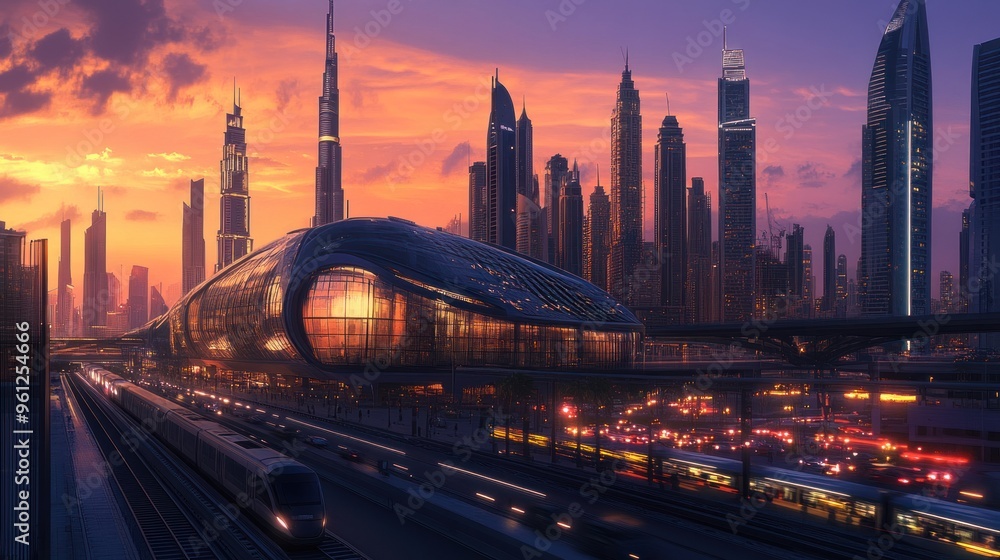 Fototapeta premium A train is traveling down a track in a city with a beautiful sunset in the background