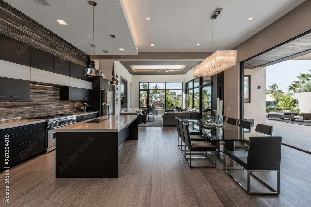 Modern kitchen and dining area with large windows and elegant furnishings. Modern kitchen and dining area with large windows and elegant furnishings.