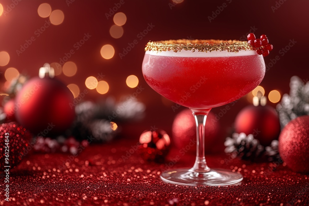 Christmas-themed cocktail with golden glitter lining the rim, traditional Christmas decorations and baubles create a cozy, celebratory atmosphere Christmas-themed cocktail with golden glitter lining the rim, traditional Christmas decorations and baubles create a cozy, celebratory atmosphere