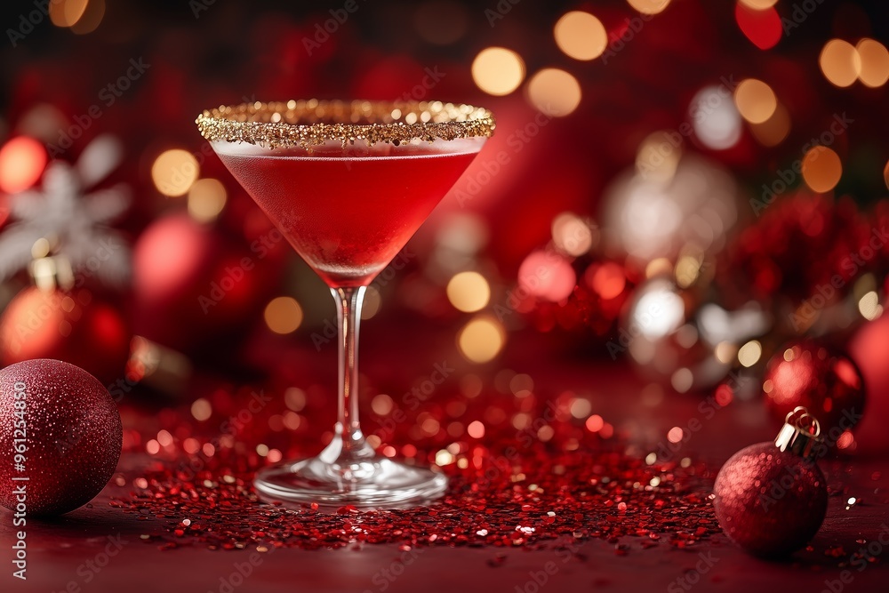 Christmas-themed cocktail with golden glitter lining the rim, traditional Christmas decorations and baubles create a cozy, celebratory atmosphere Christmas-themed cocktail with golden glitter lining the rim, traditional Christmas decorations and baubles create a cozy, celebratory atmosphere
