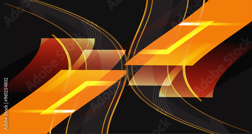 Abstract design featuring orange shapes and flowing lines against a black background