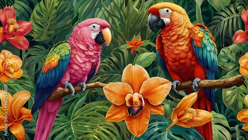 Beautiful painting of two colorful parrots covered in green forest leaves, unique birds with colorful feathers