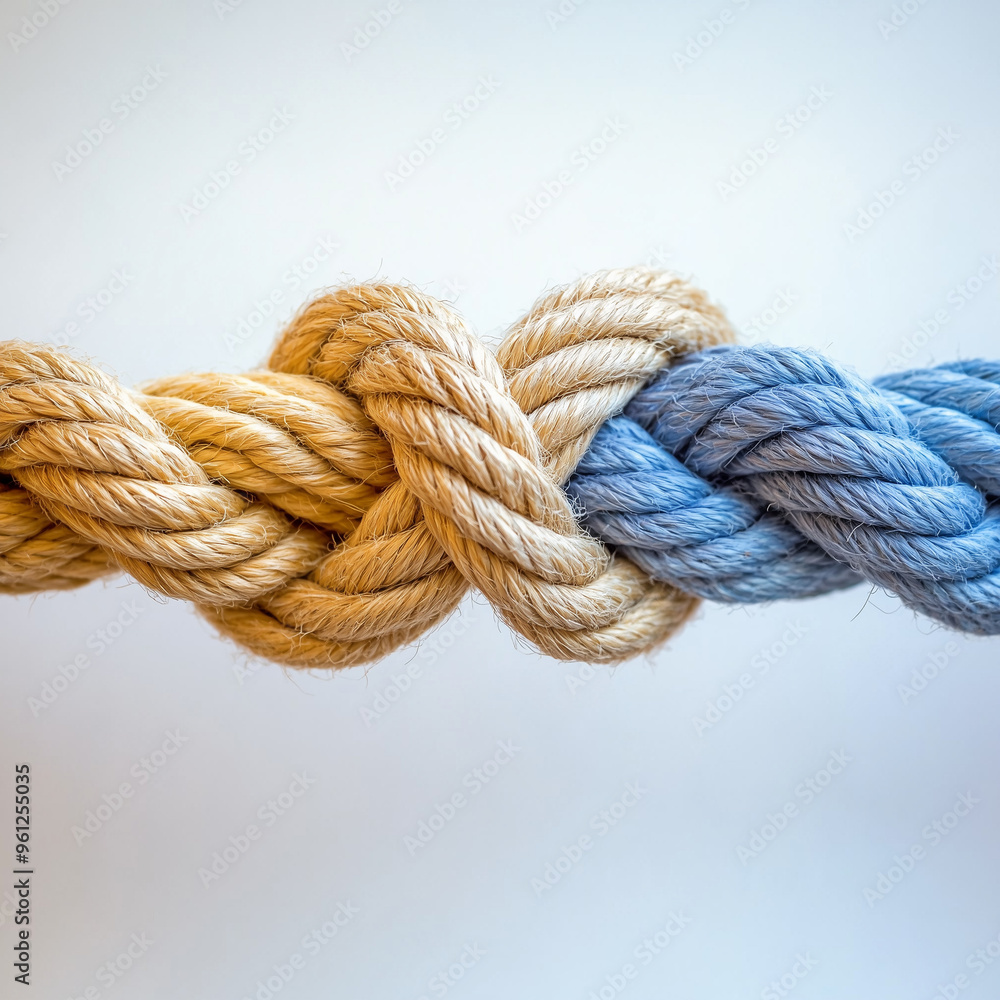 Colored Hemp Rope Knot Symbolizing Unity and Cooperation in White Setting, Embracing Connection and Harmony. Colored Hemp Rope Knot Symbolizing Unity and Cooperation in White Setting, Embracing Connection and Harmony.
