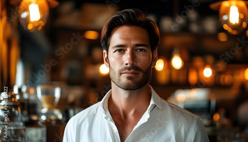 Sophisticated man in white shirt presents calm elegance outside warmly lit cafe