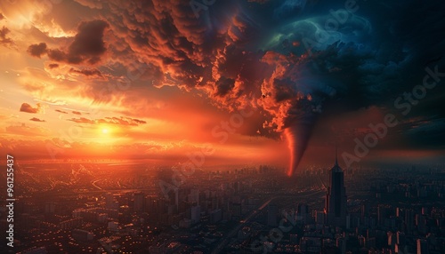 Impressive City Sunset View with Approaching Tornado and Dramatic Clouds, Intense Atmosphere