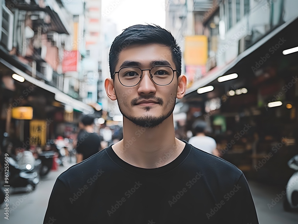 Young Asian Man Wearing Glasses in City Street Young Asian Man Wearing Glasses in City Street