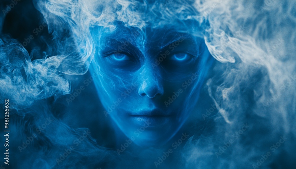 Eerie Blue Spectral Face with Glowing Eyes in a Misty Dark Background Eerie Blue Spectral Face with Glowing Eyes in a Misty Dark Background
