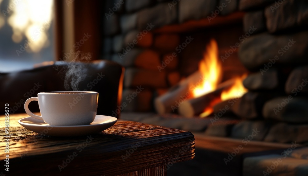 Cozy Fireplace Ambiance with a Cup of Hot Coffee in a Warm, Relaxing Setting Cozy Fireplace Ambiance with a Cup of Hot Coffee in a Warm, Relaxing Setting