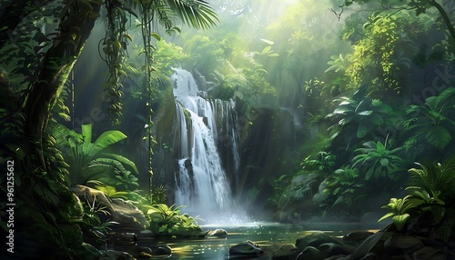 Tropical rainforest with waterfall