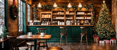 Warm and Cozy Coffee Shop Decorated for the Holiday Season with Chairs, Lights, and Christmas Tree