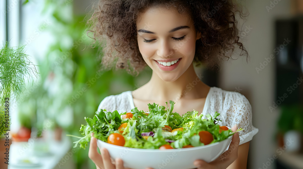 A joyful person holding a fresh salad bowl indoors. A joyful person holding a fresh salad bowl indoors.