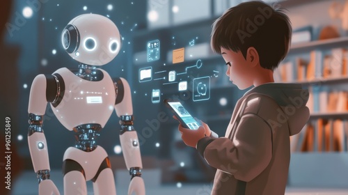 A young boy is looking at a robot on a screen while holding a cell phone