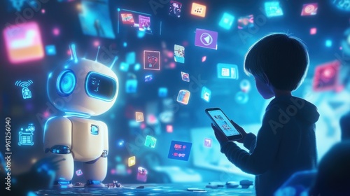 A young boy is looking at a robot on a screen while holding a cell phone