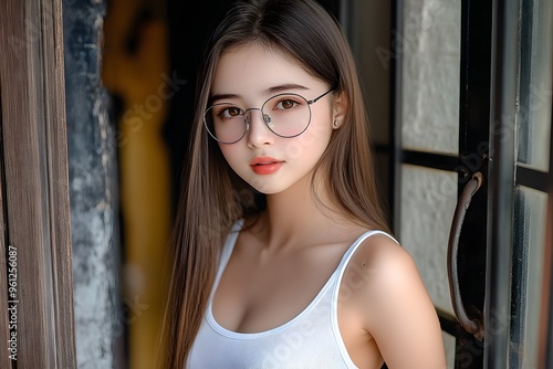 Beautiful Young Woman with Long Brown Hair Wearing Glasses and White Tank Top