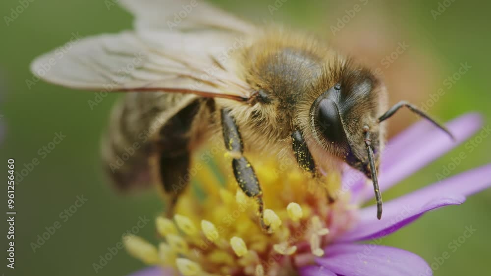 Detailed macro closeup of Honeybee outside in garden, resting on a flower. Apis insect animal. Detailed macro closeup of Honeybee outside in garden, resting on a flower. Apis insect animal.