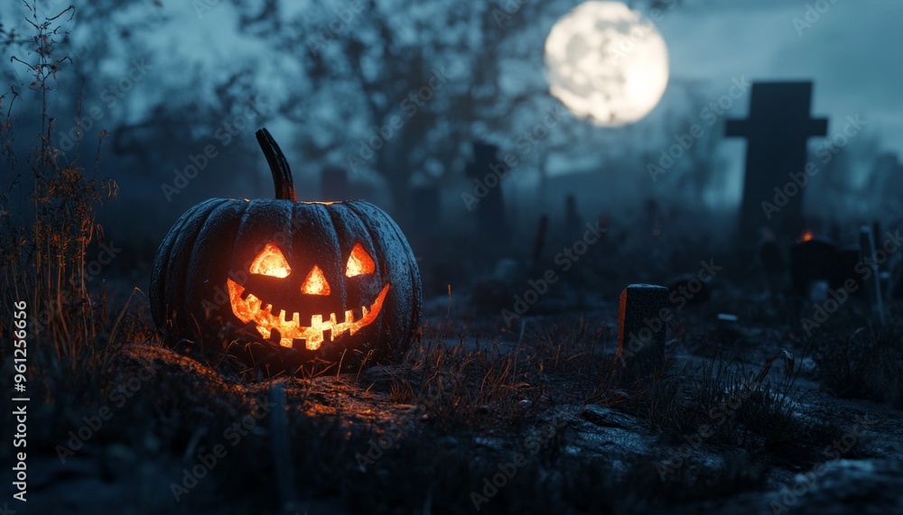 Fototapeta premium Jack-O-Lanterns with Glowing Eyes on Wooden Fence in Full Moon Night
