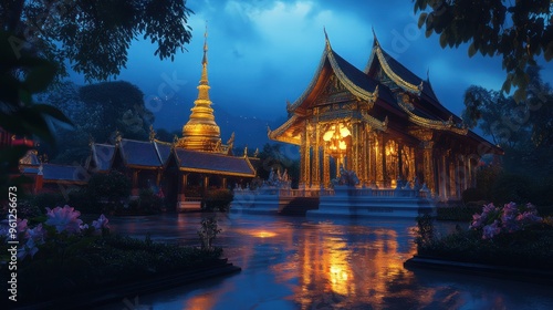 A beautiful temple with a golden roof and a large golden spire photo