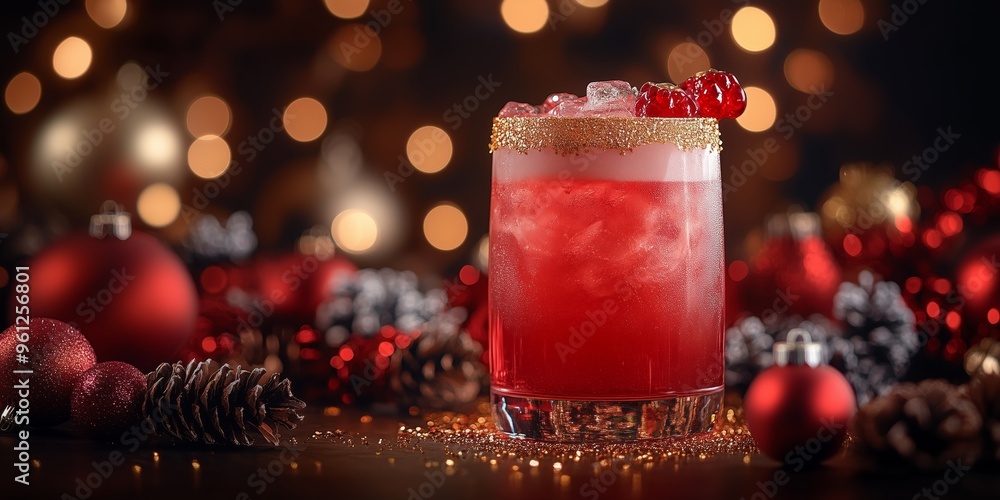 Christmas-themed cocktail with golden glitter lining the rim, traditional Christmas decorations and baubles create a cozy, celebratory atmosphere Christmas-themed cocktail with golden glitter lining the rim, traditional Christmas decorations and baubles create a cozy, celebratory atmosphere