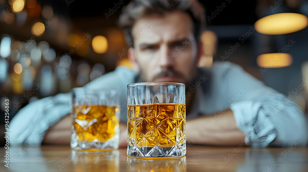 A man gazes at two glasses of whiskey on a bar counter. A man gazes at two glasses of whiskey on a bar counter.