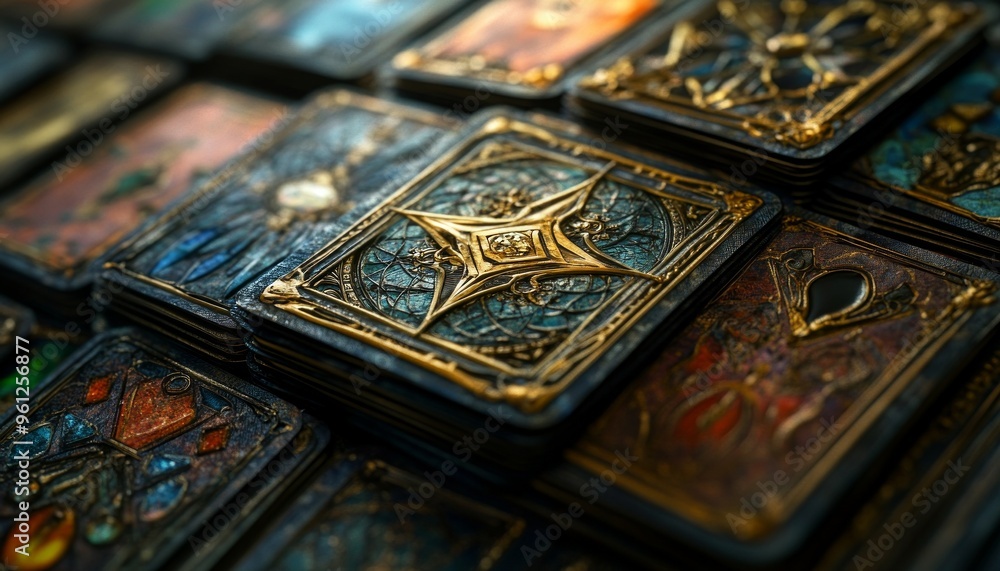 Close-Up of Tarot Cards Spread on Table in Mysterious Atmosphere Close-Up of Tarot Cards Spread on Table in Mysterious Atmosphere