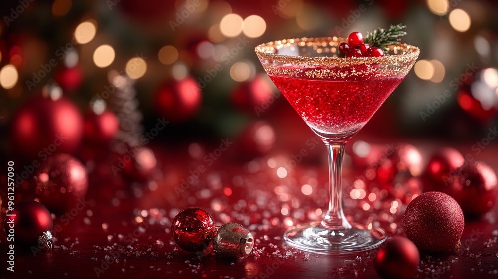 Christmas-themed cocktail with golden glitter lining the rim, traditional Christmas decorations and baubles create a cozy, celebratory atmosphere Christmas-themed cocktail with golden glitter lining the rim, traditional Christmas decorations and baubles create a cozy, celebratory atmosphere