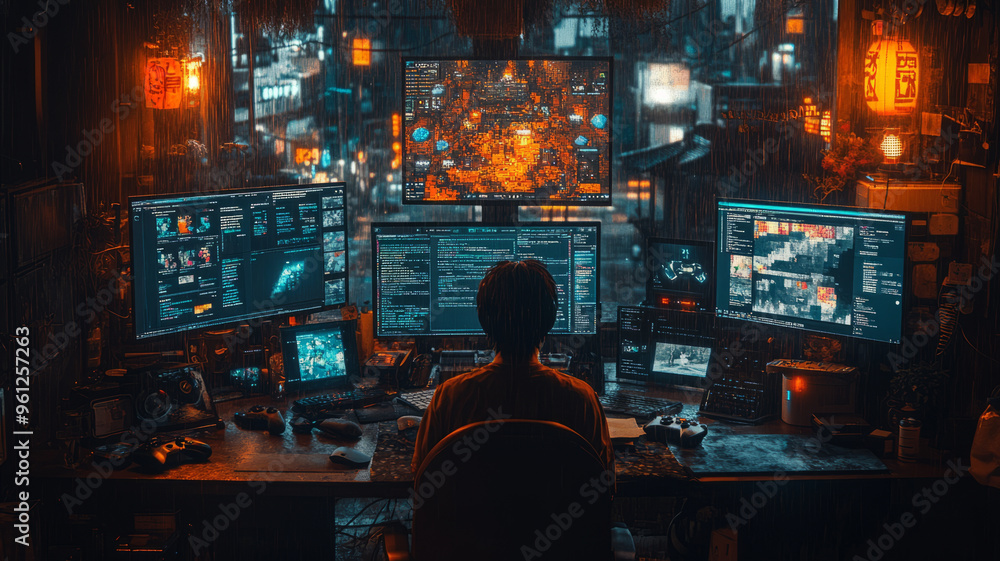 A programmer coding a video game in a dimly lit room, multiple screens displaying game development software and colorful pixel art, A programmer coding a video game in a dimly lit room, multiple screens displaying game development software and colorful pixel art,
