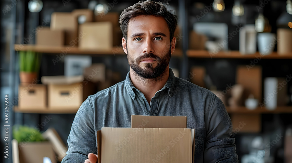 A man holding a cardboard box in a workspace setting. A man holding a cardboard box in a workspace setting.