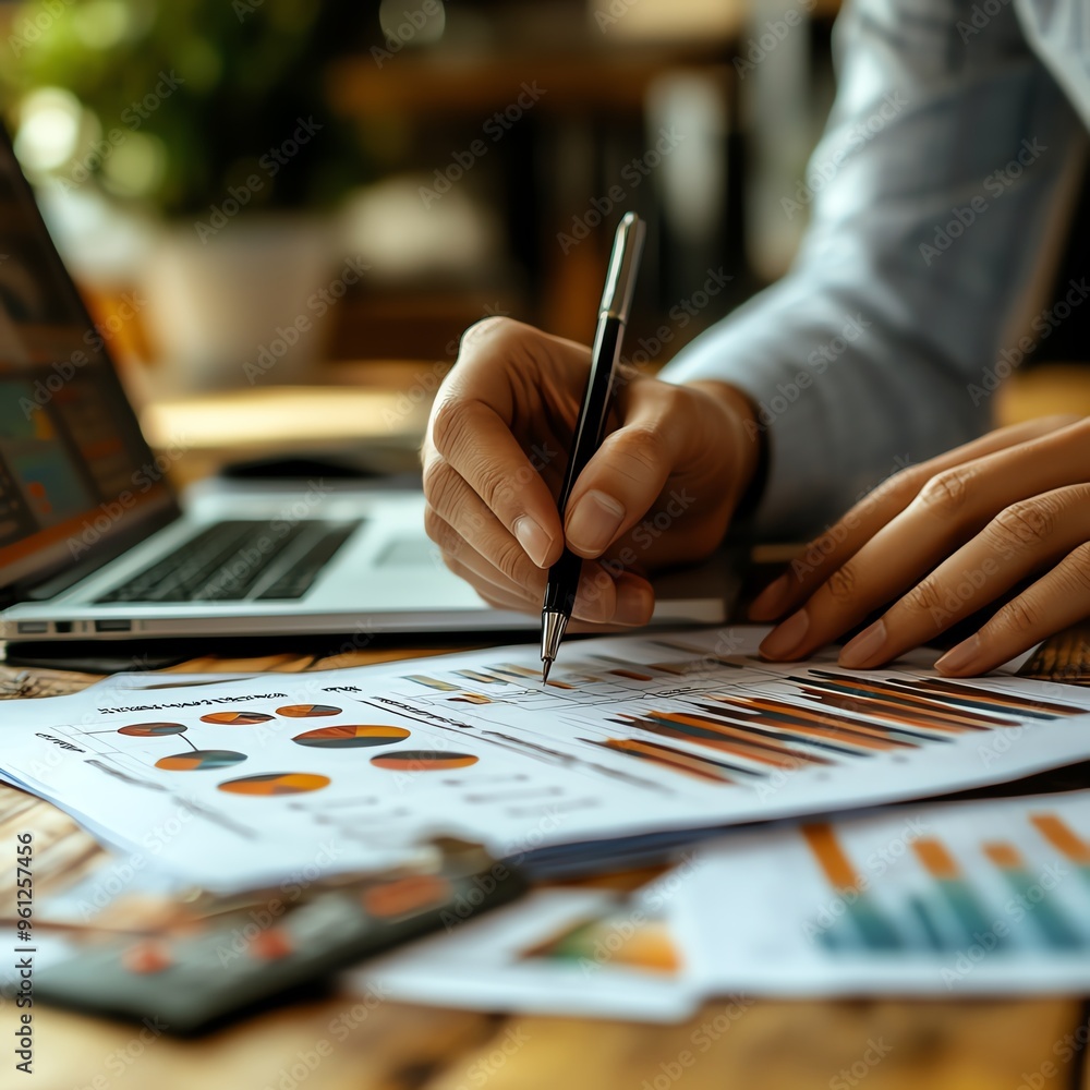 A professional analyzing data graphs and charts while working on a laptop. Focused on business growth and strategy. A professional analyzing data graphs and charts while working on a laptop. Focused on business growth and strategy.