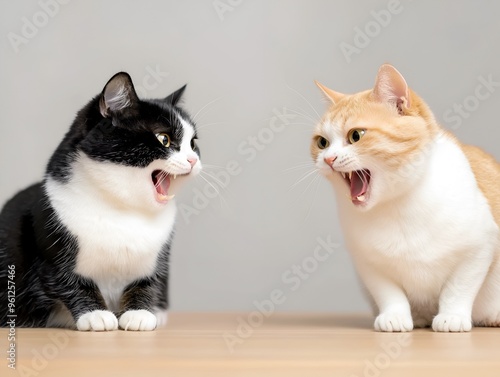 Two Cats Hissing in Confrontation: Intense Feline Showdown and Dispute photo