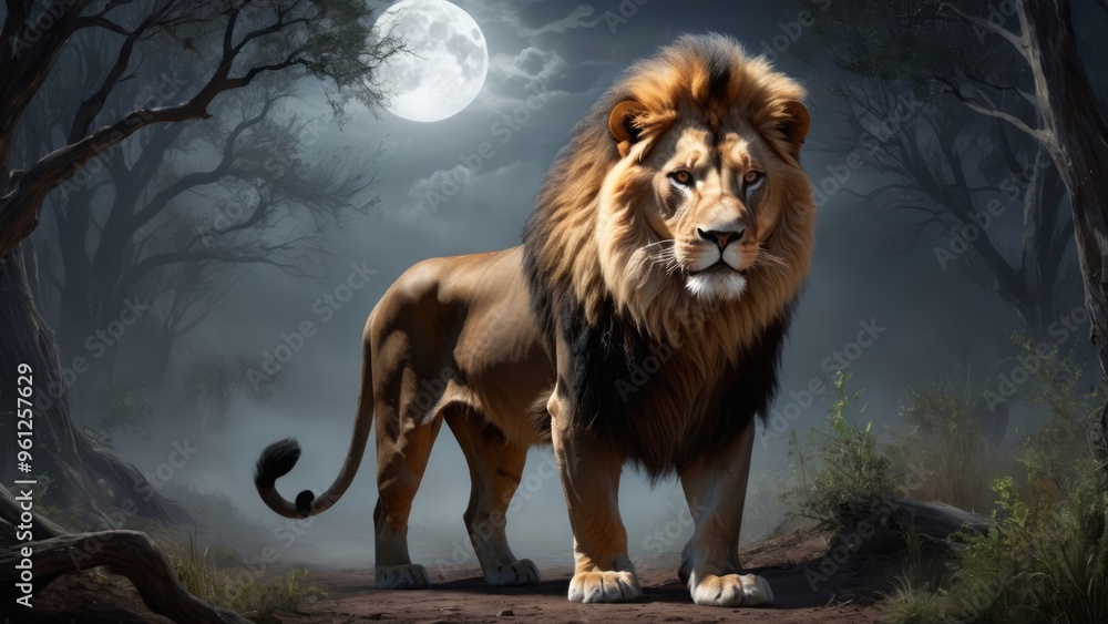 Fototapeta premium Dramatic and frightening scene featuring a lion and haunting cinematic style