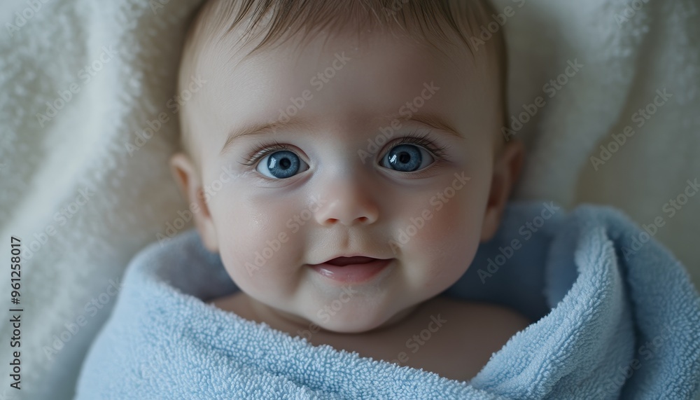 Cute Curious Smiling Infant Taking a Bath in Bright Bathroom Cute Curious Smiling Infant Taking a Bath in Bright Bathroom