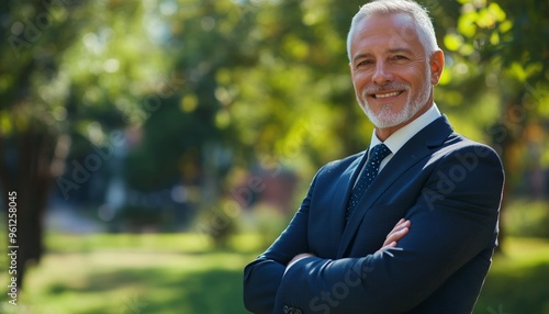 Happy Middle-Aged Businessman in Suit Smiling with Arms Crossed Outdoors