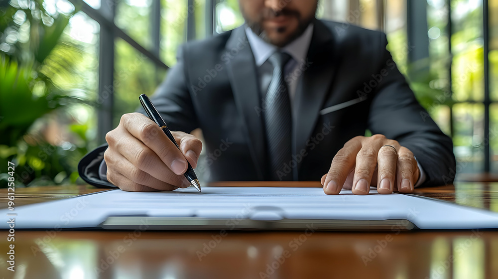 A man in a suit signing documents at a wooden table. A man in a suit signing documents at a wooden table.