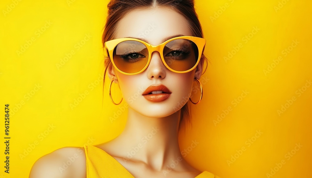 Trendy Woman in Yellow Sunglasses Red Lipstick on Bright Yellow Background Trendy Woman in Yellow Sunglasses Red Lipstick on Bright Yellow Background