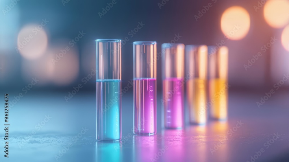 Biotechnology lab featuring multi-colored glowing liquids in test tubes, representing advanced gene therapy research Biotechnology lab featuring multi-colored glowing liquids in test tubes, representing advanced gene therapy research