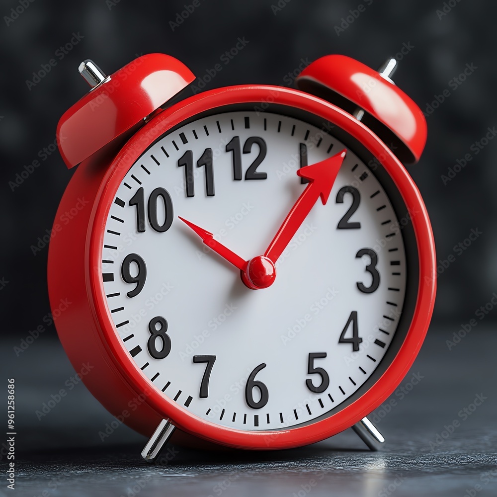 A vibrant red alarm clock displaying the time with a clear face and bold numerals, perfect for promoting punctuality.