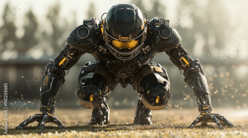 A robot is crouching down on a field