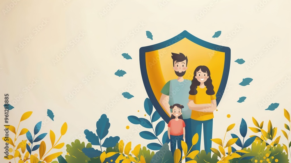 A family stands together under a protective shield, symbolizing safety and unity. Illustrative style with vibrant colors and nature. A family stands together under a protective shield, symbolizing safety and unity. Illustrative style with vibrant colors and nature.