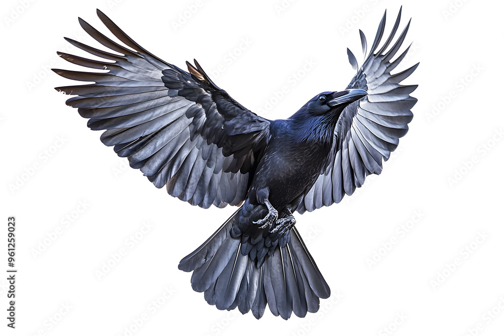 Fototapeta premium Beautiful black raven, crow in flight isolated on white background