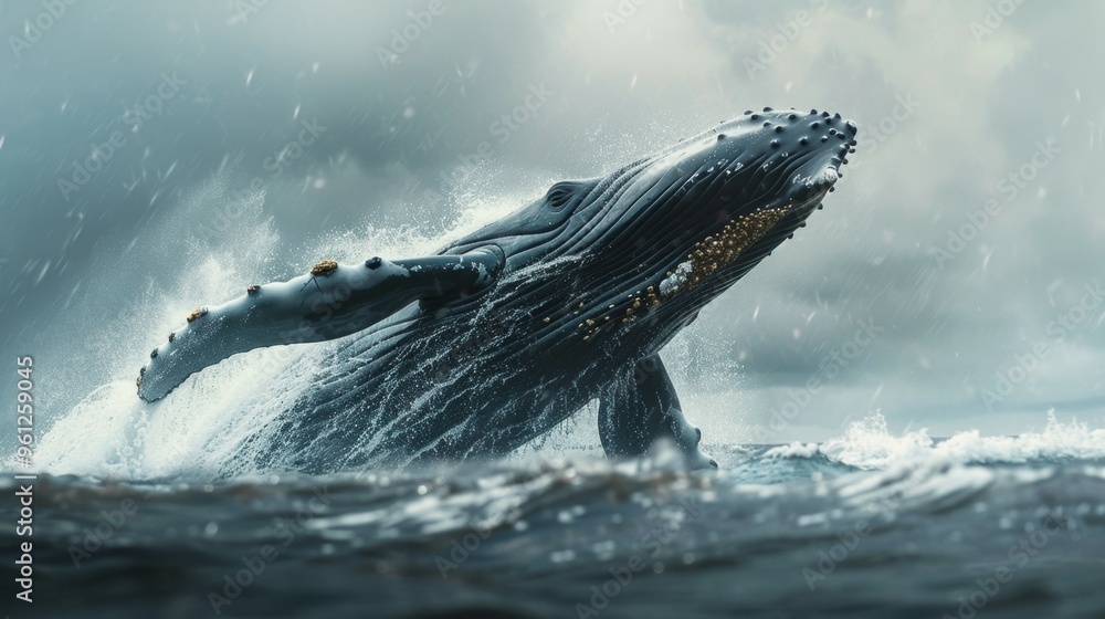 Fototapeta premium Humpback Whale Breaching in Stormy Ocean