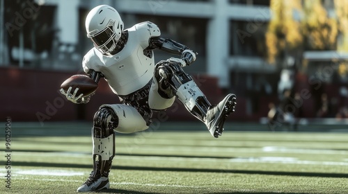 A robot is crouching down on a field